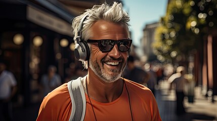 Fototapeta premium Portrait of a senior man in fitness wear running in a park. Close up of a smiling man running while listening to music using earphones. Man portrait illustration. Generative AI