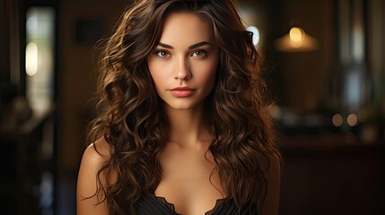 Beautiful brunette with brown lipstick on her lips. Pretty girl with long brown hair. Closeup portrait of a Brunette young woman. Woman portrait illustration. Generative AI