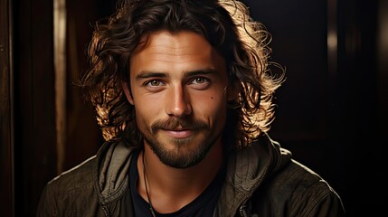 Handsome young man over grey grunge wall with a happy face standing and smiling with a confident smile showing teeth. Man face portrait illustration. Generative AI