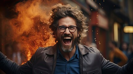 Young handsome man with beard wearing casual sweater and glasses over background very happy and excited doing winner gesture with arms raised. Man portrait illustration. Generative AI