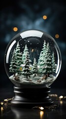 Xmas setting with Christmas tree in the woods snowglobe surrounded by white snow with three pine trees inside the globe. Christmas snow globe. Generative AI