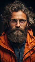 Close up portrait of happy smiling bearded hipster man with eyeglasses and looking confident at the camera. Model portrait illustration. Generative AI