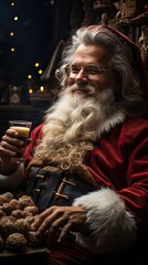 Bad Santa celebrating Christmas at home alone, he is drinking beer and smoking a cigar. Cool Christmas concept. Generative AI