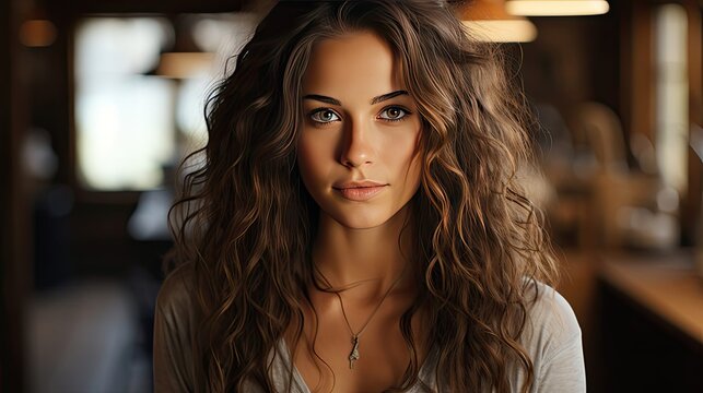 Portrait of beautiful naturally brunette woman, smiling and looking in camera with white teeth. Close-up portrait of cute female girl on background. Smile emotion illustration. Generative AI