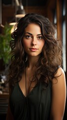 Fototapeta premium Head shot portrait smart confident smiling millennial woman standing with folded arms at home. Attractive young teenager student girl freelancer looking at camera. Generative AI art