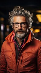 Obraz premium Middle-aged guy with trendy eyeglasses. Man portrait illustration. Generative AI