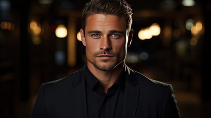 Fototapeta premium Portrait of handsome man in black suit. Man portrait illustration. Generative AI