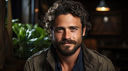 Portrait of happy mid adult man sitting on sofa at home. Handsome latin man in casual relaxing on couch and smiling. Man portrait illustration. Generative AI