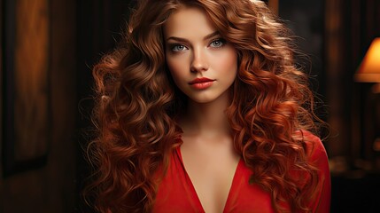 Fototapeta premium Beautiful smiling woman with long wavy hair. Girl curly hairstyle and red manicure nails. Beauty,makeup and cosmetics. Model illustration. Generative AI