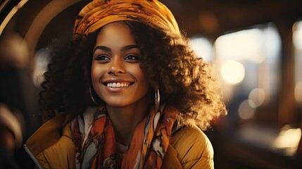 Close up portrait of beautiful young black woman smiling outdoors. Smile emotion illustration. Generative AI