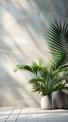 Fototapeta premium White gray grunge cement texture wall leaf plant shadow background.Summer tropical travel beach with minimal concept. Flat lay palm nature. Background with shadow. Generative AI