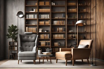 Bookcase with armchair in modern interior of room