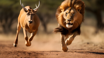 Intense moment captured in the African savannah as a lion, in full sprint, relentlessly chases a gazelle, epitomizing nature's raw game of survival and speed. - obrazy, fototapety, plakaty
