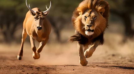 Photo sur Plexiglas Antilope Intense moment captured in the African savannah as a lion, in full sprint, relentlessly chases a gazelle, epitomizing nature's raw game of survival and speed.