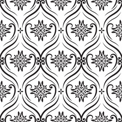 Seamless pattern with black and white damask floral design.