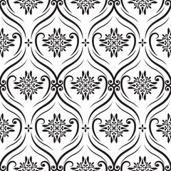 Seamless pattern with black and white damask floral design.