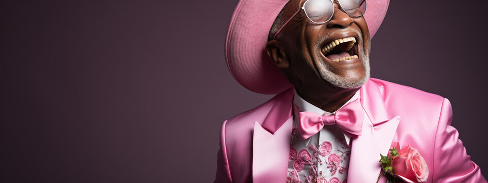 Photo of retired old man open mouth shiny smile excited isolated color background