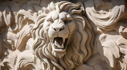 Stunning close-up of a detailed stone lion sculpture, showcasing its regal mane and powerful expression.