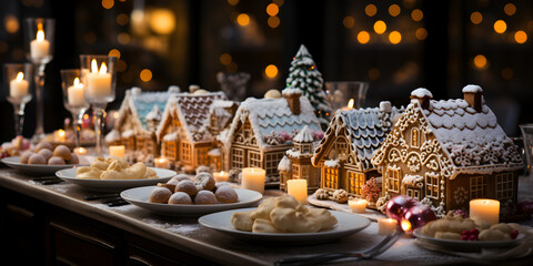 Fototapeta na wymiar Taste the Holidays: Gingerbread Bliss and Culinary Traditions. Capturing Christmas Cheer: Gingerbread Houses and Festive Feasts