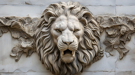 Stunning close-up of a detailed stone lion sculpture, showcasing its regal mane and powerful expression.