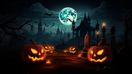 Halloween background with scary pumpkins candles in the graveyard at night with a castle dark background