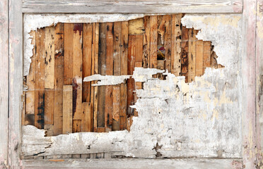 Texture of vintage wood boards in plywood frame with cracked paint of white color. Horizontal retro...