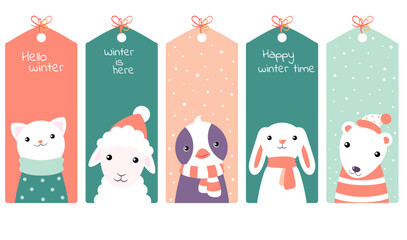 Set of eye-catching Christmas card, banner, background, flyer, placard in naive hand-drawn style. Collection of gift tag, label or poster template with cute animals. Vector illustration EPS8
