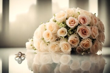 wedding rings and bouquet of roses