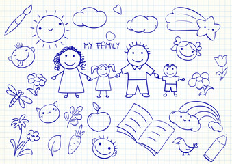 My family. Set of cute hand drawn sketches. Collection of funny sketch on notebook page - mom, dad, son and daughter. Love, parenthood, childhood and relationship concept. Vector illustration EPS8
