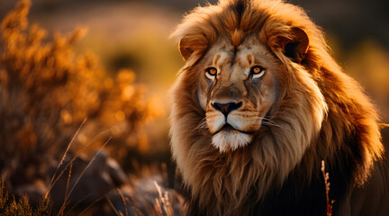 Close-up of a lion bathed in golden light, revealing details from its intense gaze to the rich texture of its mane against a sunlit savannah backdrop.