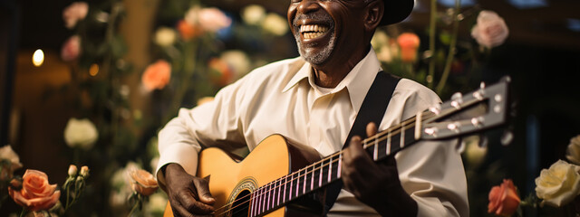 Naklejka premium Elderly man playing guitar at home