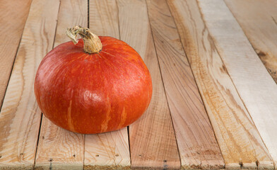Ripe orange pumpkin on wooden background.