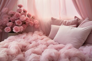 Fototapeta na wymiar Bedroom with a large double bed with soft pink fluffy linens in the shape of clouds, pink pillows and curtains. Sweet sound sleep concept at home. Generated by artificial intelligence