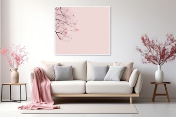Beautiful bright living room interior with a comfortable white sofa and a large painting on the wall. Generated by artificial intelligence
