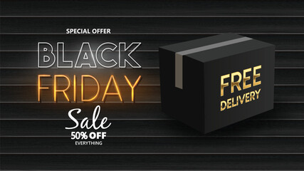 Black Friday Neon Lights On Back Wooden Background with Black Box. Vector Graphics.