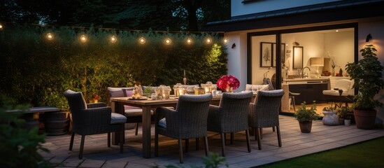 Cozy summer evening in modern residential backyard with outdoor lights plants table and chairs