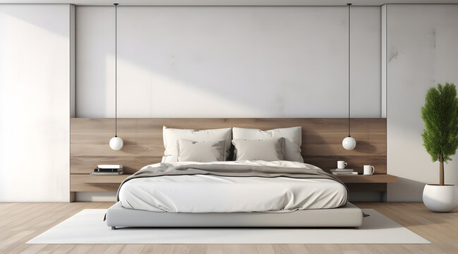 A modern minimalist bedroom with no windows, but plenty of light. Nicely done bed and wooden floor.
