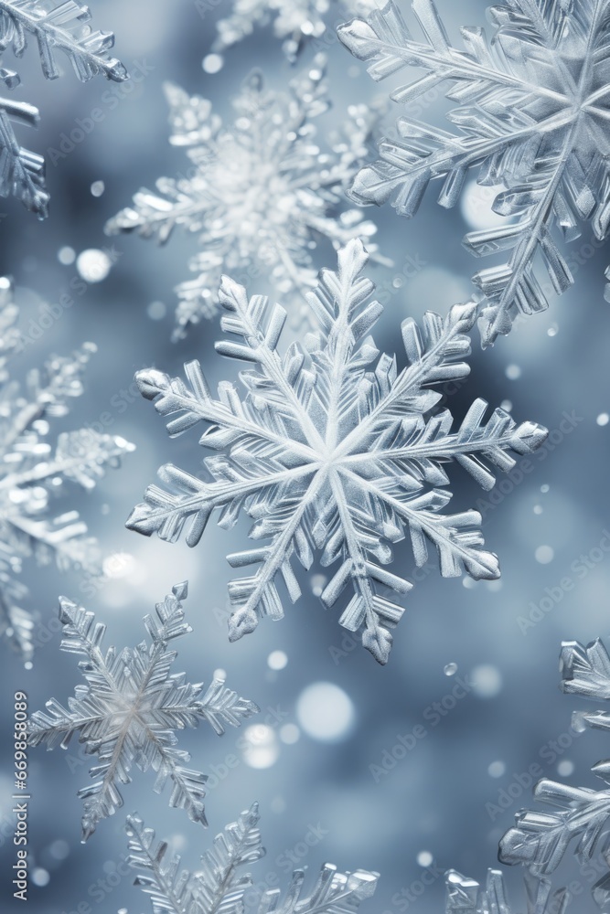 Poster a beautiful image capturing a bunch of snowflakes gracefully floating in the air. perfect for winter