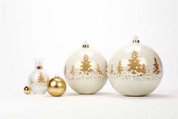 Three white and gold Christmas ornaments sitting next to each other. Can be used to add a festive touch to holiday decorations.