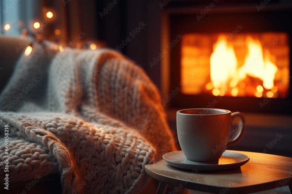 Poster a cozy scene with a coffee cup sitting on a table next to a warm fireplace. perfect for illustrating