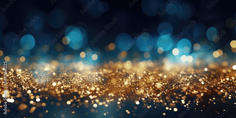 Poster A vibrant background featuring blue and gold glitter with bokeh lights. Perfect for adding a touch of sparkle and glamour to any design or project.