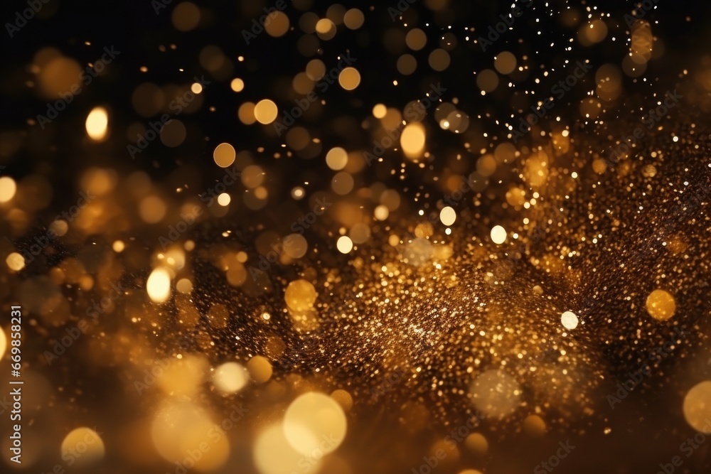 Poster A visually stunning black and gold background with an abundance of sparkling lights. Perfect for adding a touch of glamour and elegance to any project or design.