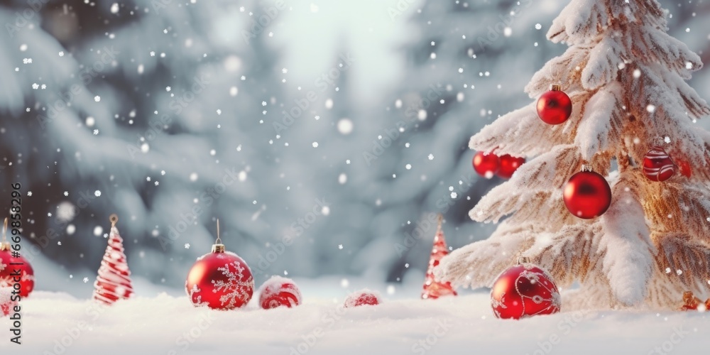 Poster a picture of a christmas tree adorned with red ornaments standing in the snow. perfect for holiday-t
