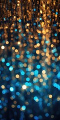 A photo capturing the beauty of blurry blue and gold lights. Perfect for adding a touch of elegance and ambiance to any project.