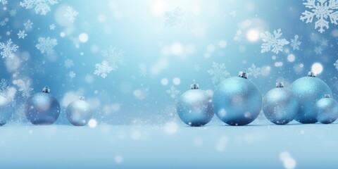 A group of blue Christmas ornaments sitting on top of a snow covered ground. This picture can be used for various holiday-themed designs and decorations.