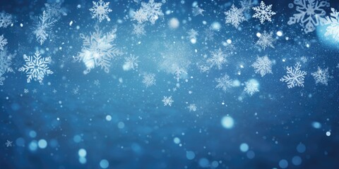 Obraz premium A beautiful blue background with snowflakes and bokeh. Perfect for winter-themed designs and holiday decorations.