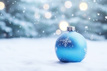 A blue Christmas ornament sitting in the snow. Perfect for holiday-themed designs and winter-themed projects.