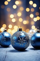 A group of blue Christmas ornaments sitting on top of a table. Perfect for festive holiday decorations.