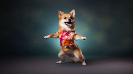 Fototapeta na wymiar funny dog corgi in clothes and sunglasses dancing in the studio