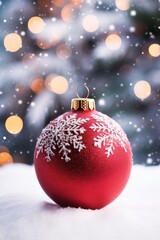 A red Christmas ornament resting in the pristine snow. Perfect for holiday-themed designs and winter-inspired projects.